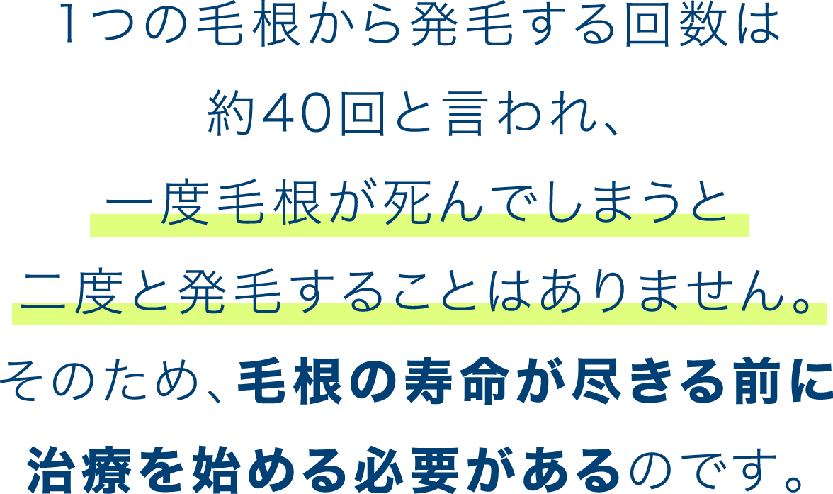 1つの毛根から発毛する回数は約40回と言われ、一度毛根が死んでしまうと二度と発毛することはありません。そのため、毛根の寿命が尽きる前に治療を始める必要があるのです。